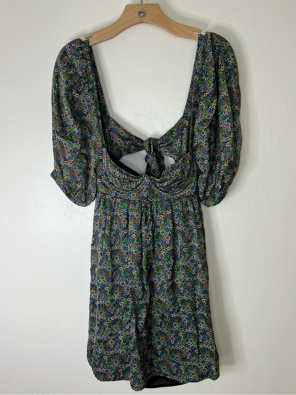 For Love And Lemons Green, Blue and Black Floral Tie-Back Mini Dress